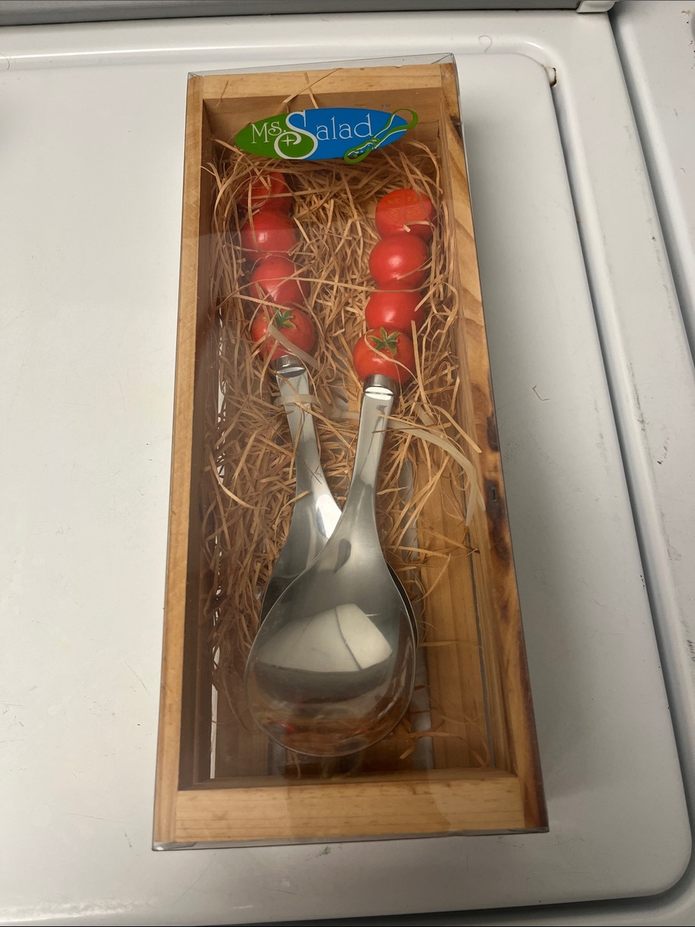 MS Salad server set with whimsical tomato handles. 
Cottagecore, fun, colorful.